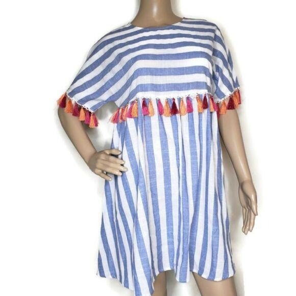 Blue & White Striped Dress With Tassels By Shein M beach summer tropical dress - Picture 3 of 9
